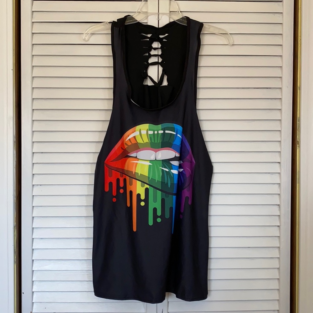 Rainbow mouth black tank with wide open sides